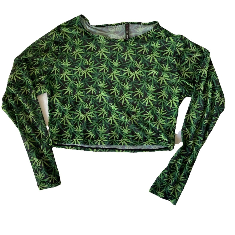 BODY RAGE Mesh Crop Top Long Sleeve Weed Pot Leaf Green Spencer's Festival L/XL